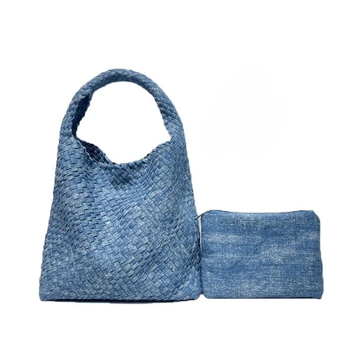 Izara Distressed Denim Serpentine Woven Totes - Glova