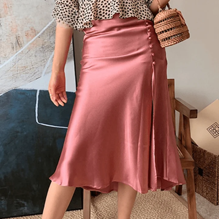 Jana Pink Satin Side Slit Midi Skirt - Glova