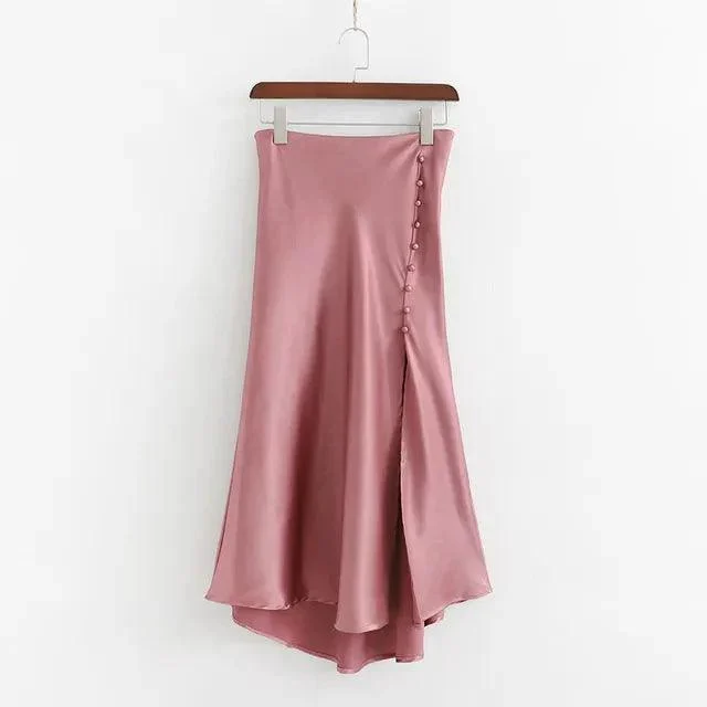 Jana Pink Satin Side Slit Midi Skirt - Glova