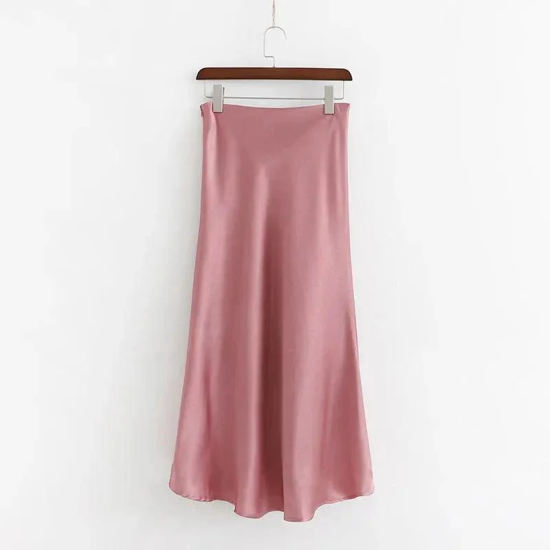 Jana Pink Satin Side Slit Midi Skirt - Glova