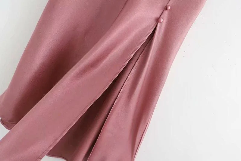 Jana Pink Satin Side Slit Midi Skirt - Glova