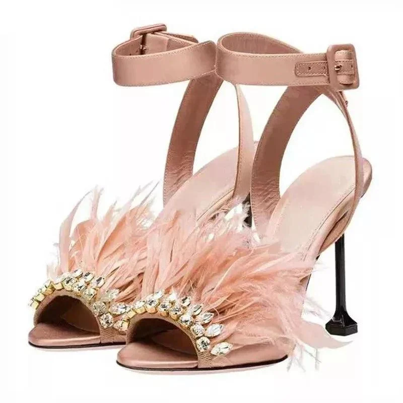 Jeweled Feather Unique Goblet Heel Satin Sandals - Glova