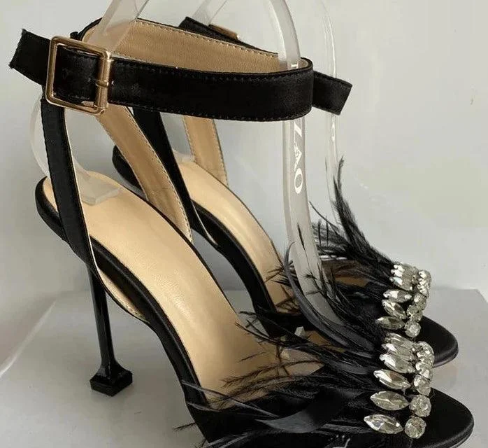 Jeweled Feather Unique Goblet Heel Satin Sandals - Glova