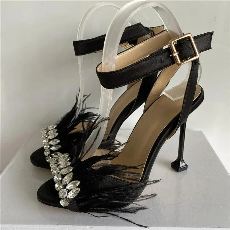 Jeweled Feather Unique Goblet Heel Satin Sandals - Glova