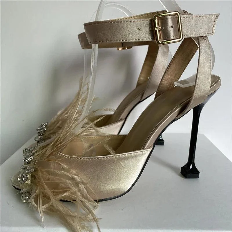 Jeweled Feather Unique Goblet Heel Satin Sandals - Glova