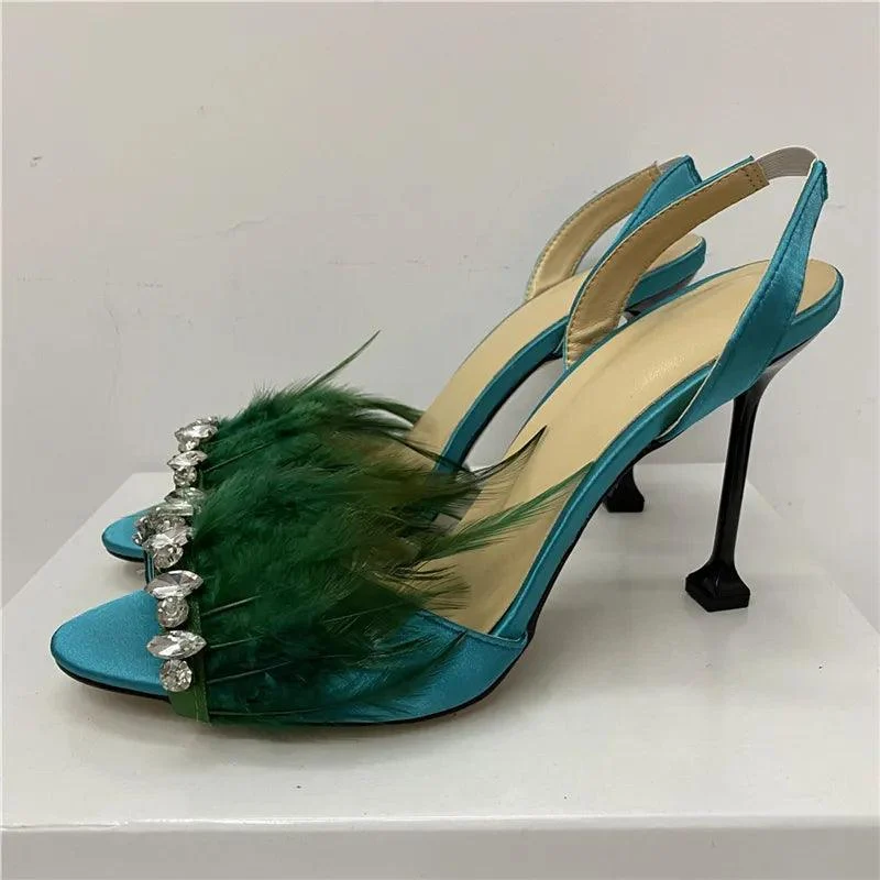 Jeweled Feather Unique Goblet Heel Satin Sandals - Glova