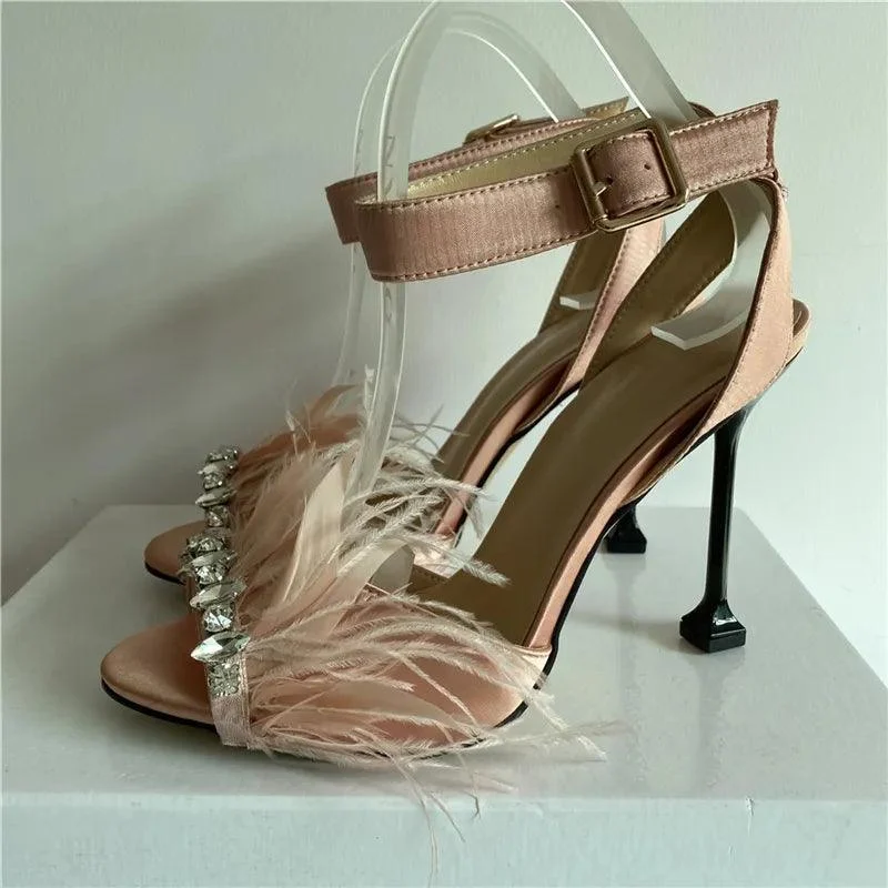 Jeweled Feather Unique Goblet Heel Satin Sandals - Glova