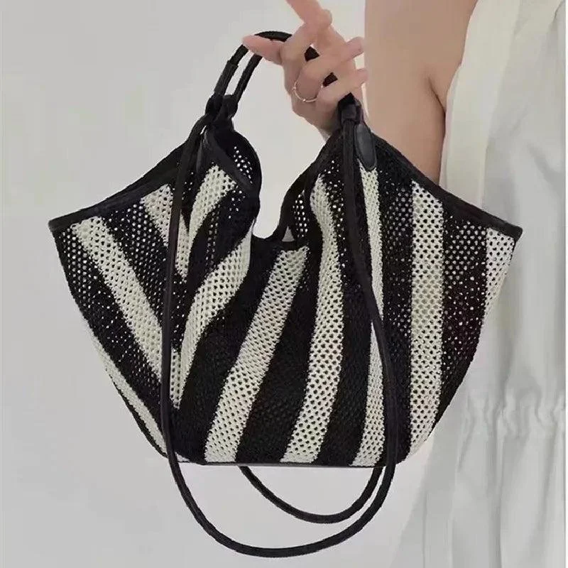 Josia Black & White Stripe Straw Tote Bag - Glova