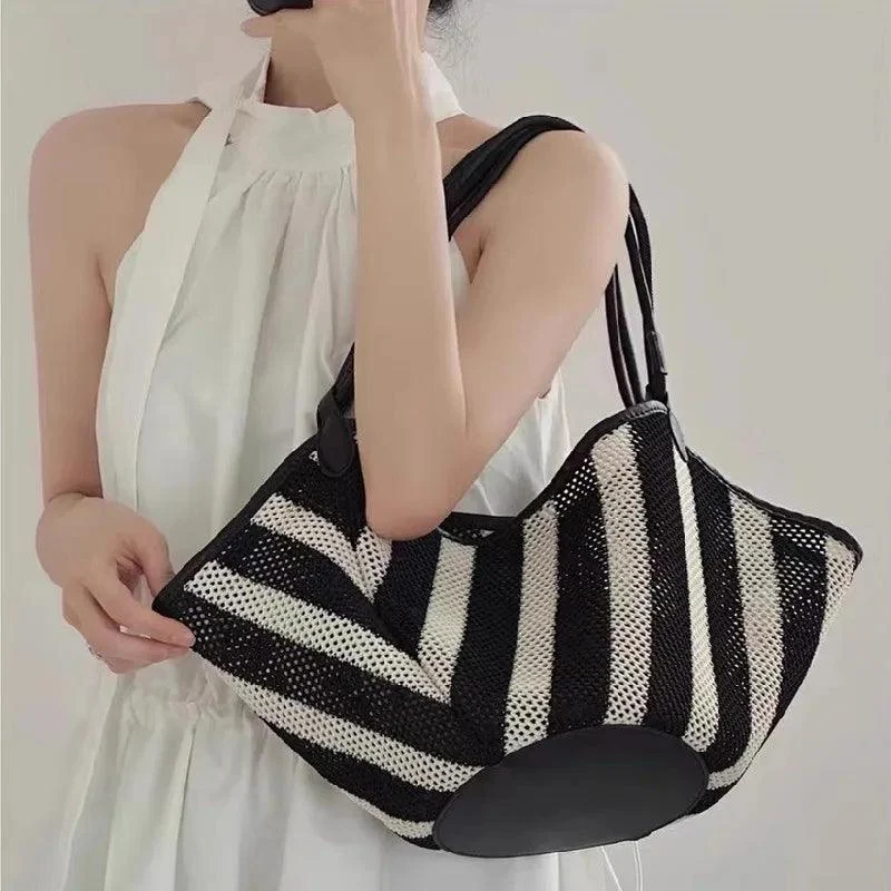 Josia Black & White Stripe Straw Tote Bag - Glova