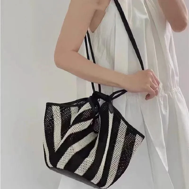 Josia Black & White Stripe Straw Tote Bag - Glova