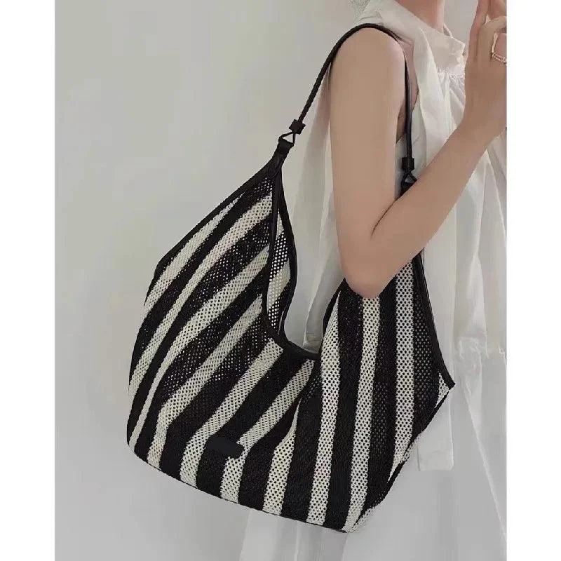 Josia Black & White Stripe Straw Tote Bag - Glova