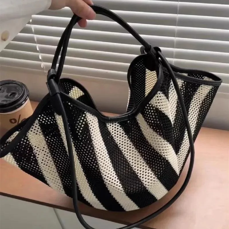 Josia Black & White Stripe Straw Tote Bag - Glova