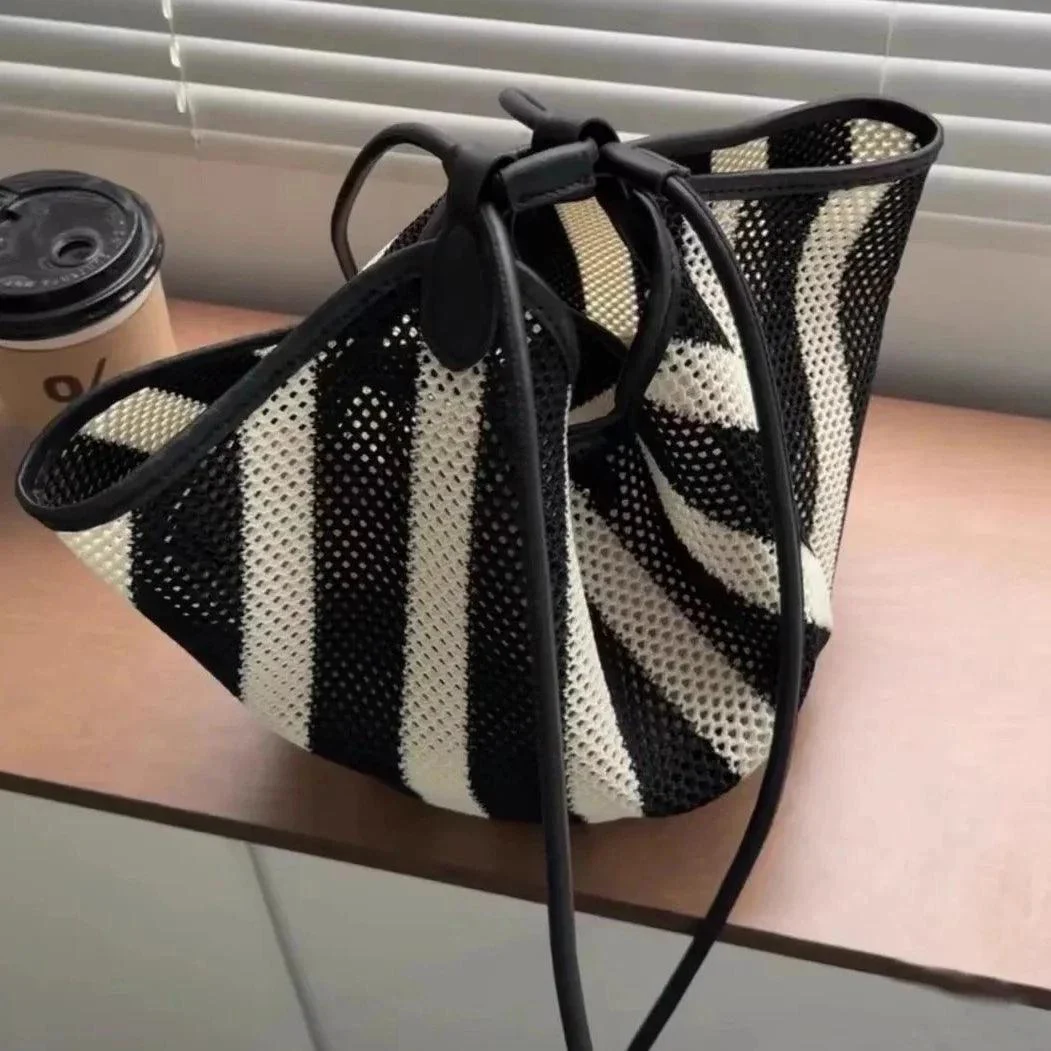 Josia Black & White Stripe Straw Tote Bag - Glova