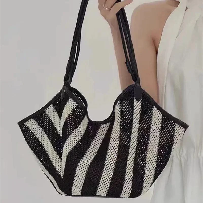 Josia Black & White Stripe Straw Tote Bag - Glova