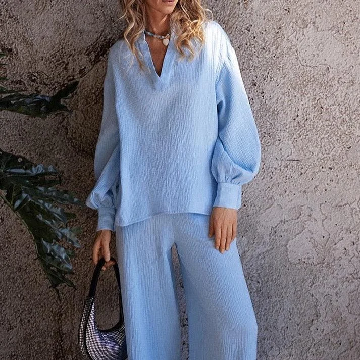 Karie Cotton Gauze Tunic Blouse and Pants Sets - 2 Colors - Glova