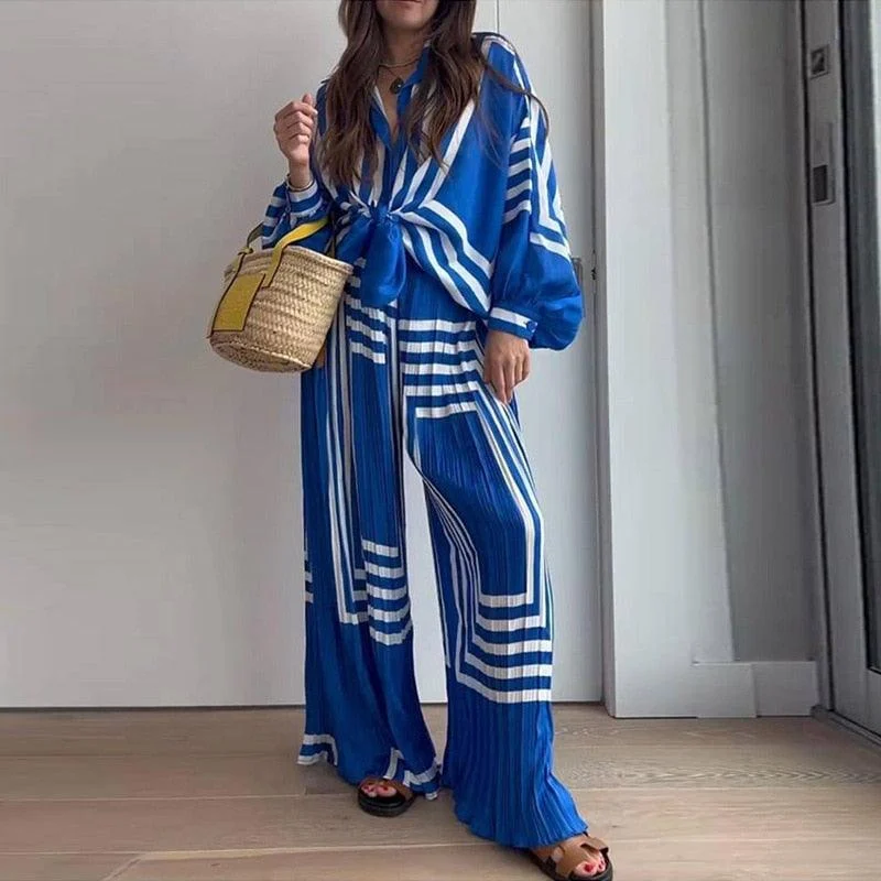 Kemala Blue Stripe Prints Top and Pants 2 Pieces Set - Glova