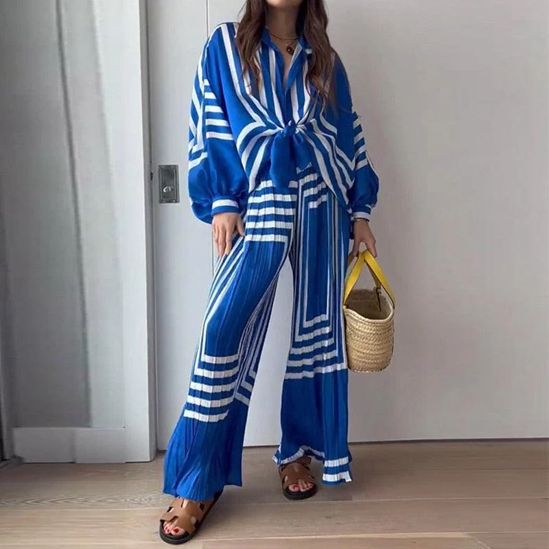 Kemala Blue Stripe Prints Top and Pants 2 Pieces Set - Glova