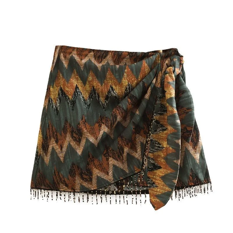 Keshia Tribal Print and Beads Wrap Mini Skirts - Glova