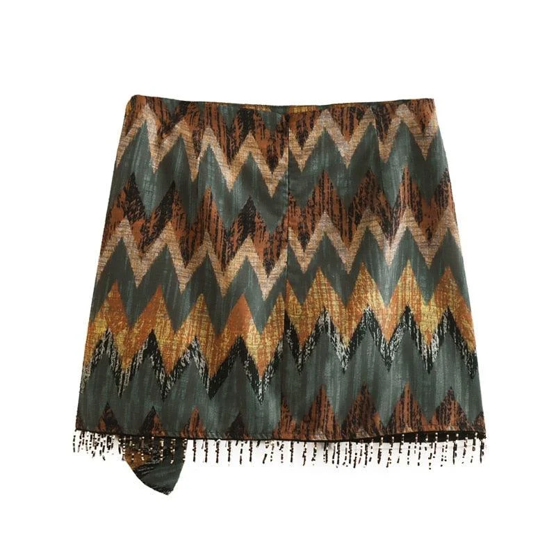 Keshia Tribal Print and Beads Wrap Mini Skirts - Glova