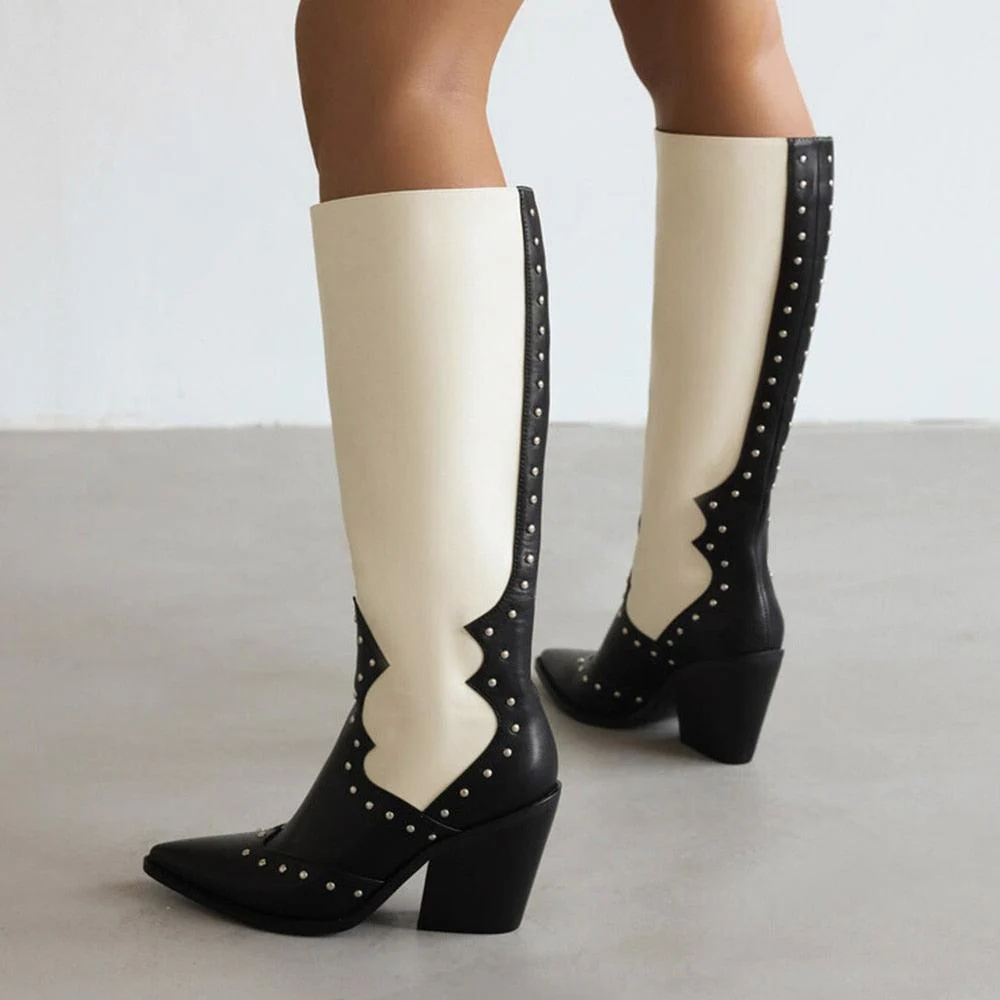 Knee High Butterfly Embroidered Chunky Heel Boots - Glova