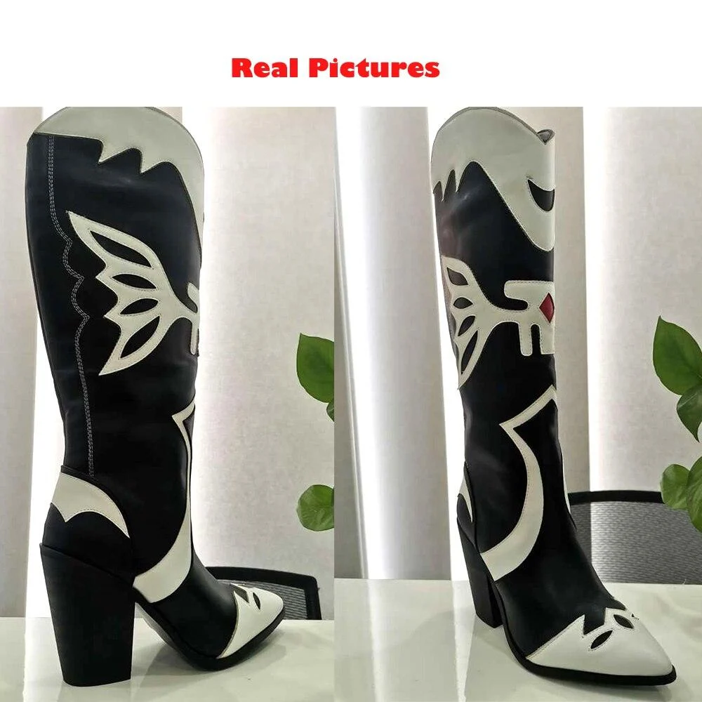 Knee High Butterfly Embroidered Chunky Heel Boots - Glova