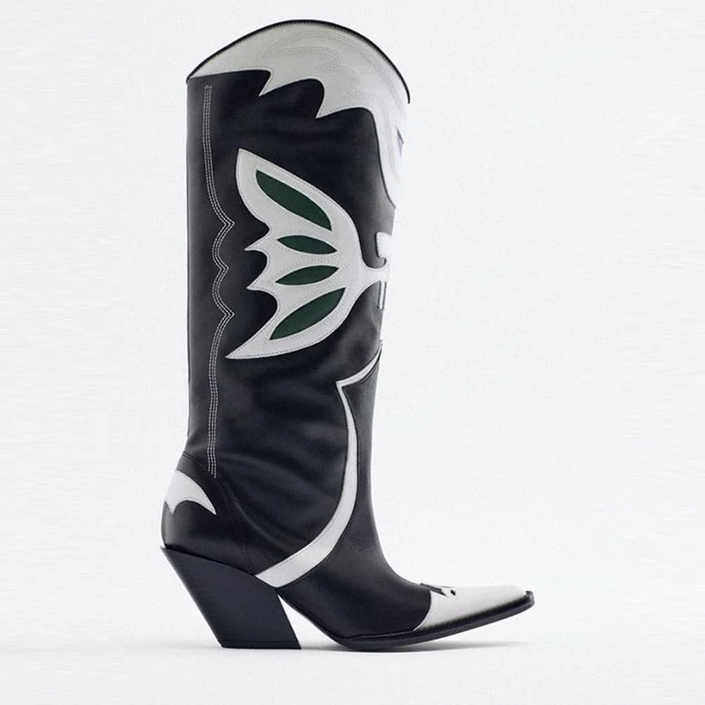 Knee High Butterfly Embroidered Chunky Heel Boots - Glova