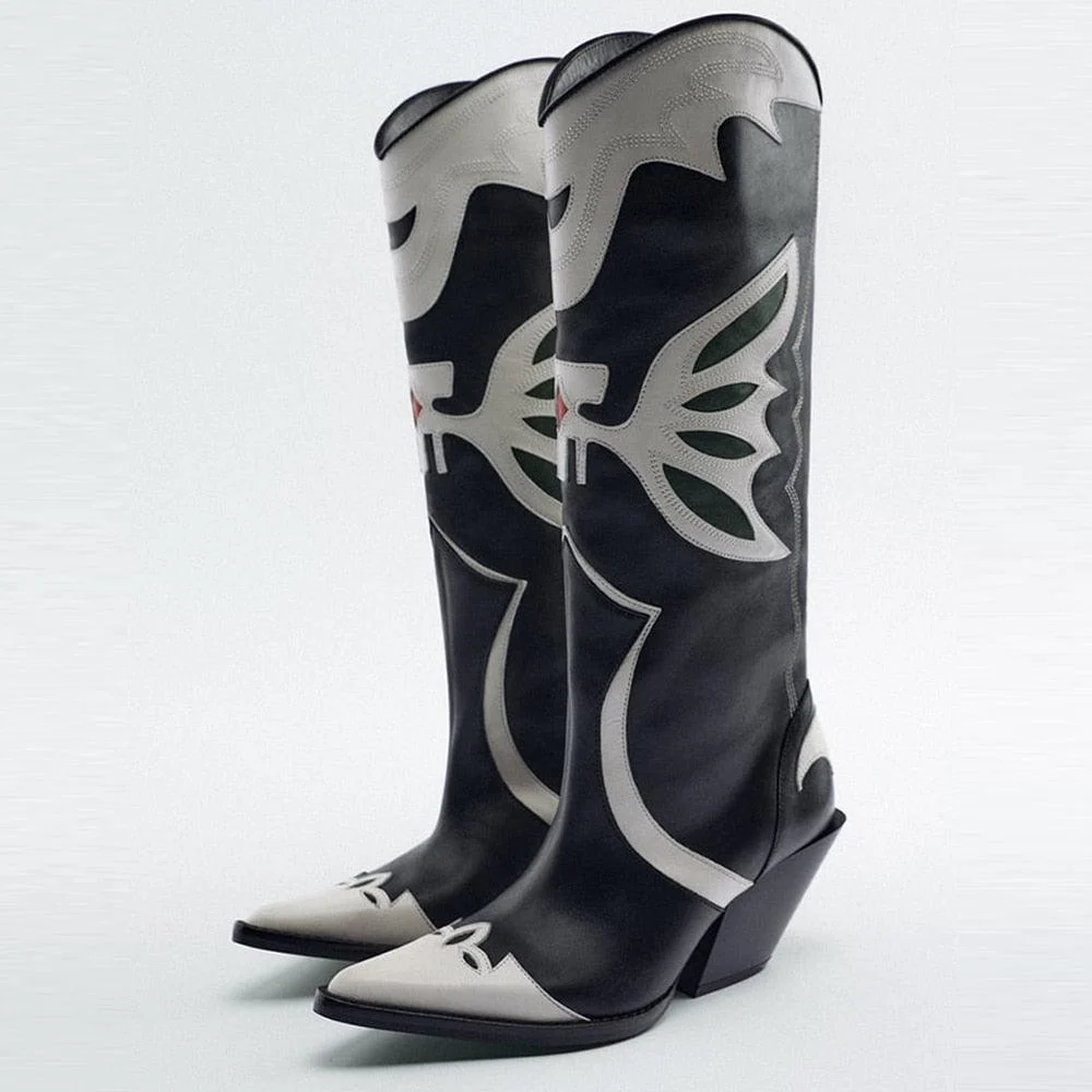 Knee High Butterfly Embroidered Chunky Heel Boots - Glova