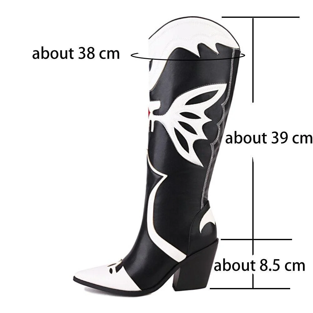 Knee High Butterfly Embroidered Chunky Heel Boots - Glova