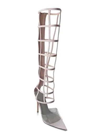 Knee High Nude Leather and PVC Hollow Stiletto Back Zip Clear Shoes - Glova