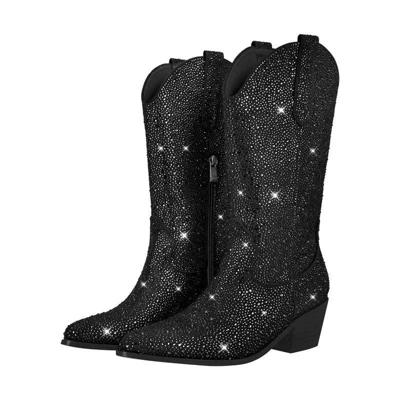 Knee High Rhinestone Glitter Bling Pointed Toe Block Heel Booties - Glova