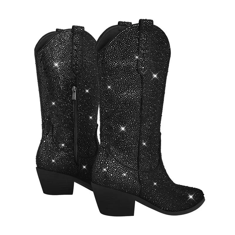 Knee High Rhinestone Glitter Bling Pointed Toe Block Heel Booties - Glova