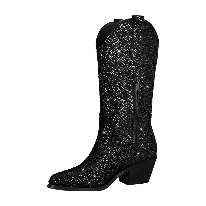 Knee High Rhinestone Glitter Bling Pointed Toe Block Heel Booties - Glova