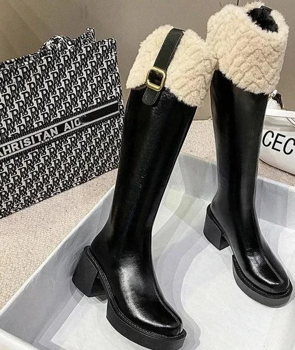 Knee High Square Heel Zip Belt Buckle Plush Edge Boots - Glova