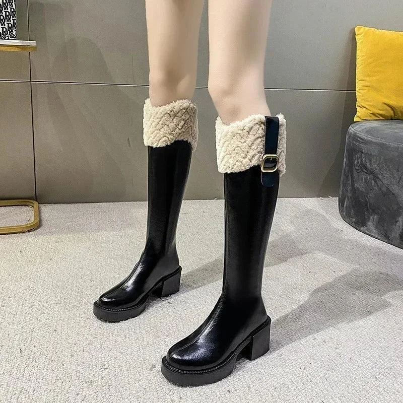 Knee High Square Heel Zip Belt Buckle Plush Edge Boots - Glova