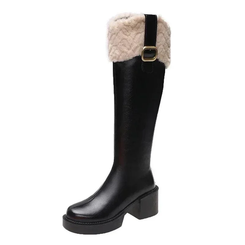 Knee High Square Heel Zip Belt Buckle Plush Edge Boots - Glova