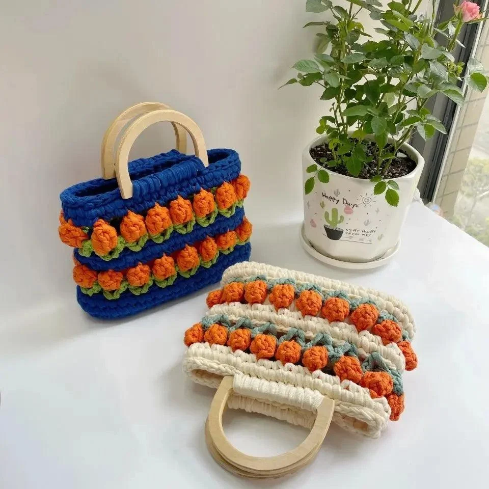 Knitted Woven Daisy Wood Handle Handbags - Glova