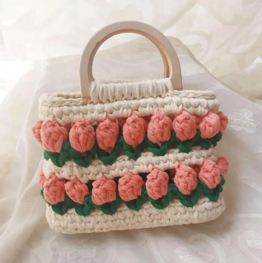 Knitted Woven Daisy Wood Handle Handbags - Glova