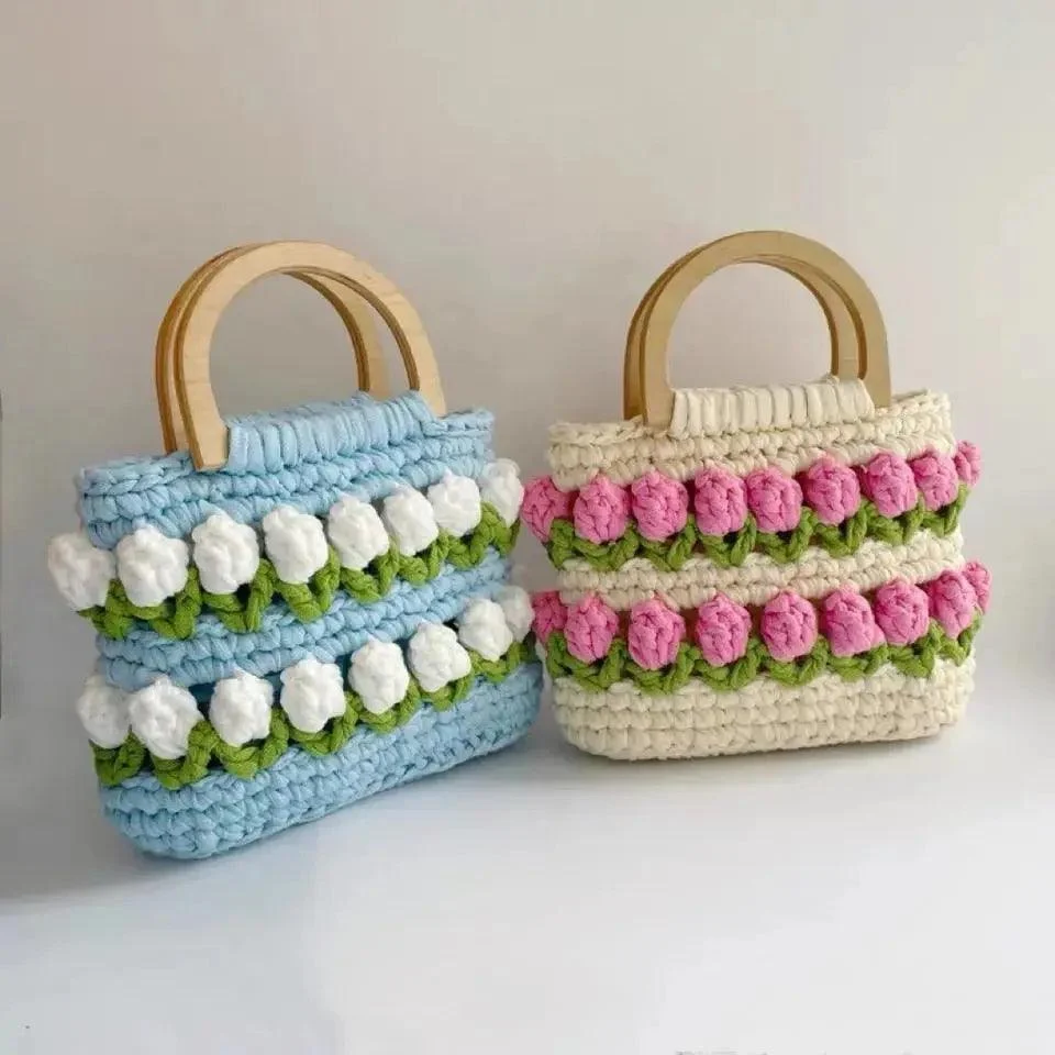 Knitted Woven Daisy Wood Handle Handbags - Glova