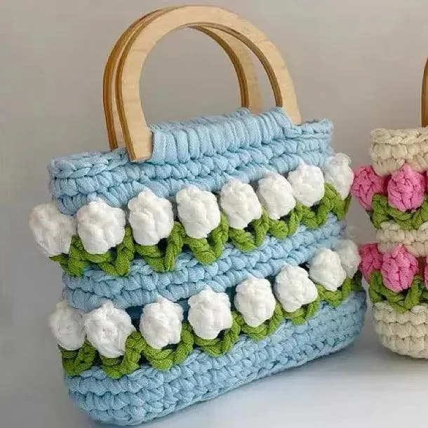 Knitted Woven Daisy Wood Handle Handbags - Glova