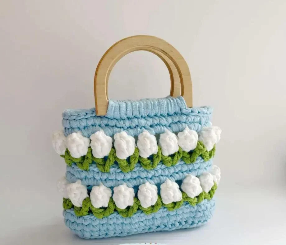 Knitted Woven Daisy Wood Handle Handbags - Glova