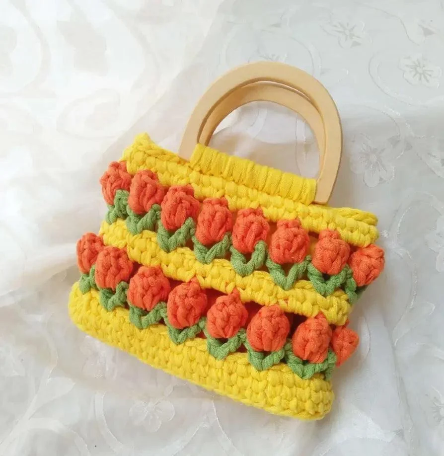 Knitted Woven Daisy Wood Handle Handbags - Glova