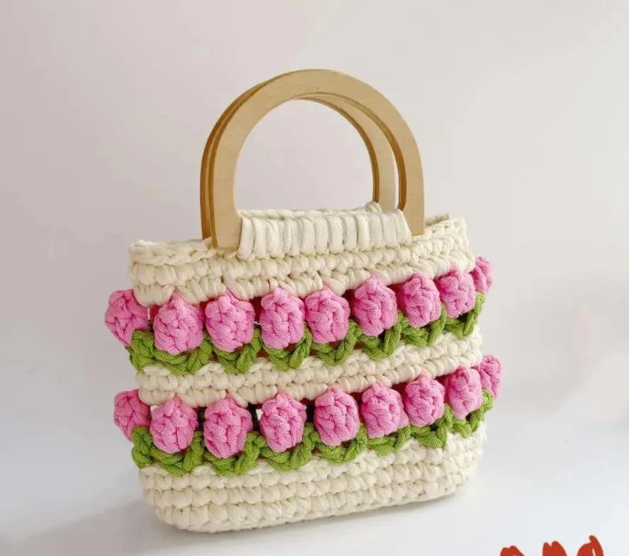 Knitted Woven Daisy Wood Handle Handbags - Glova