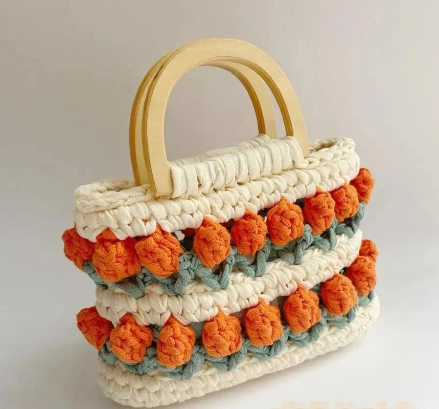 Knitted Woven Daisy Wood Handle Handbags - Glova