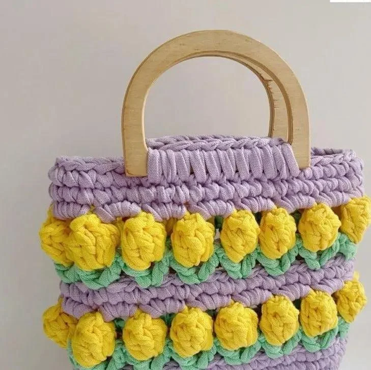 Knitted Woven Daisy Wood Handle Handbags - Glova