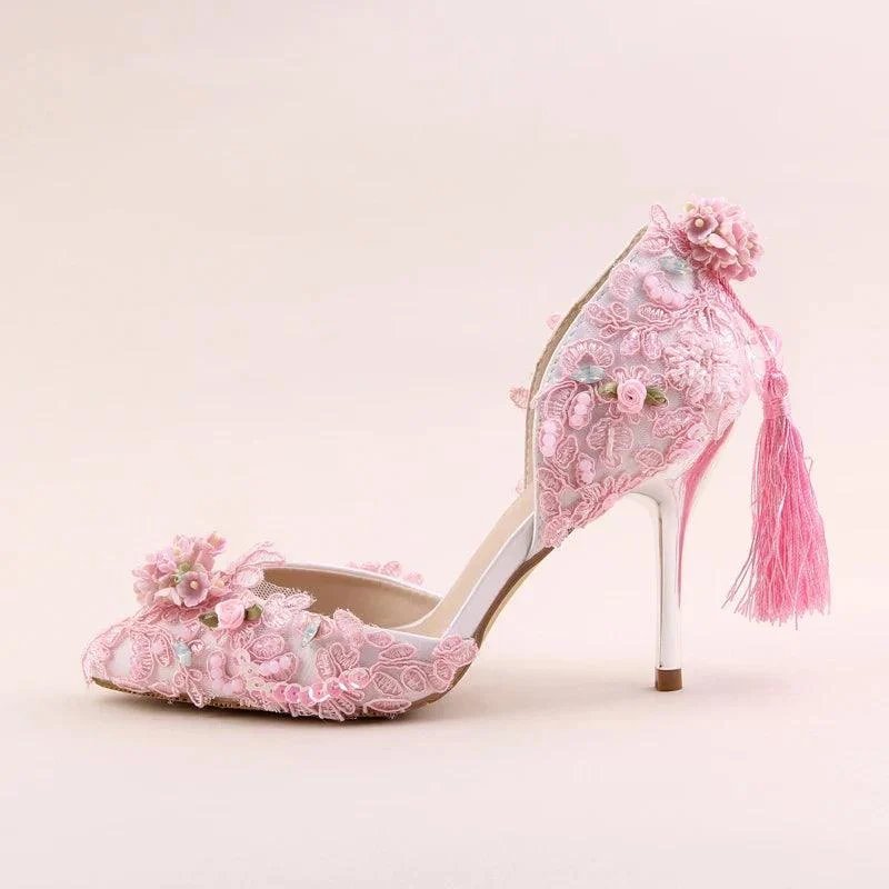 Lace Flower Pointed Toe Slip-on Tassel Stiletto Pumps Shoes - Glova