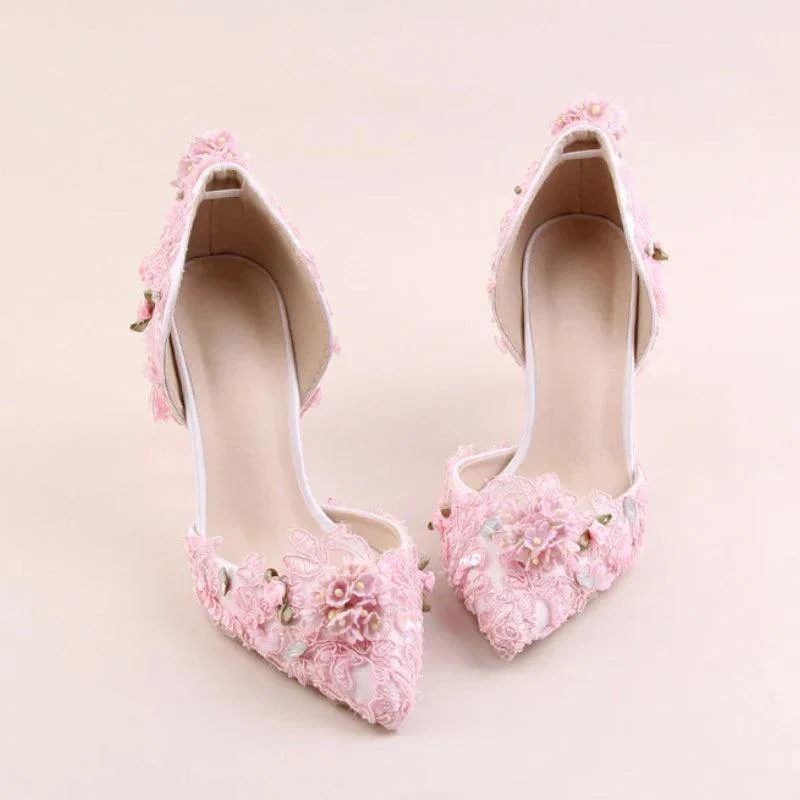 Lace Flower Pointed Toe Slip-on Tassel Stiletto Pumps Shoes - Glova