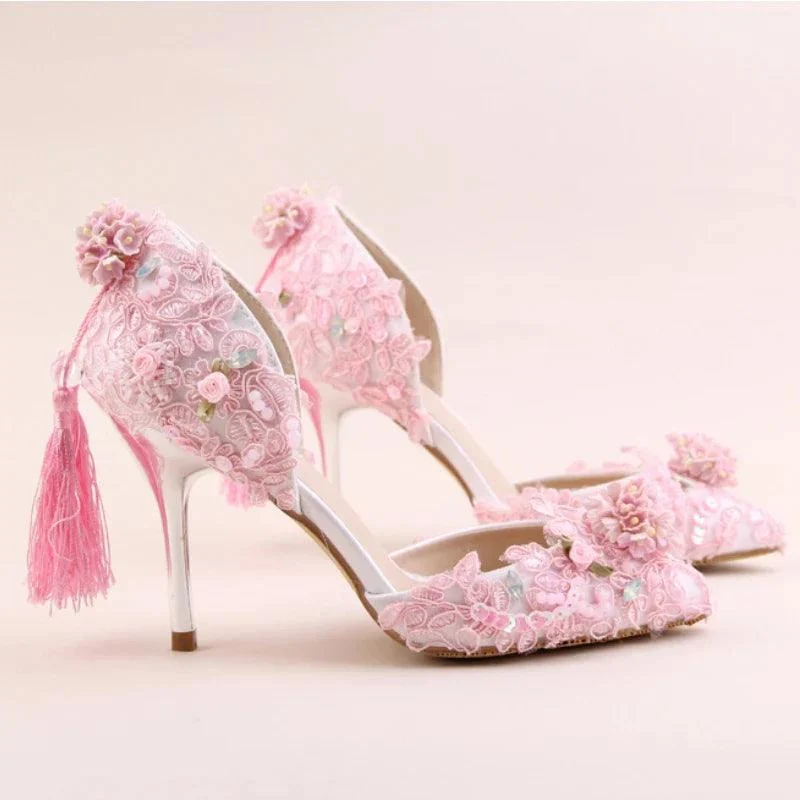 Lace Flower Pointed Toe Slip-on Tassel Stiletto Pumps Shoes - Glova