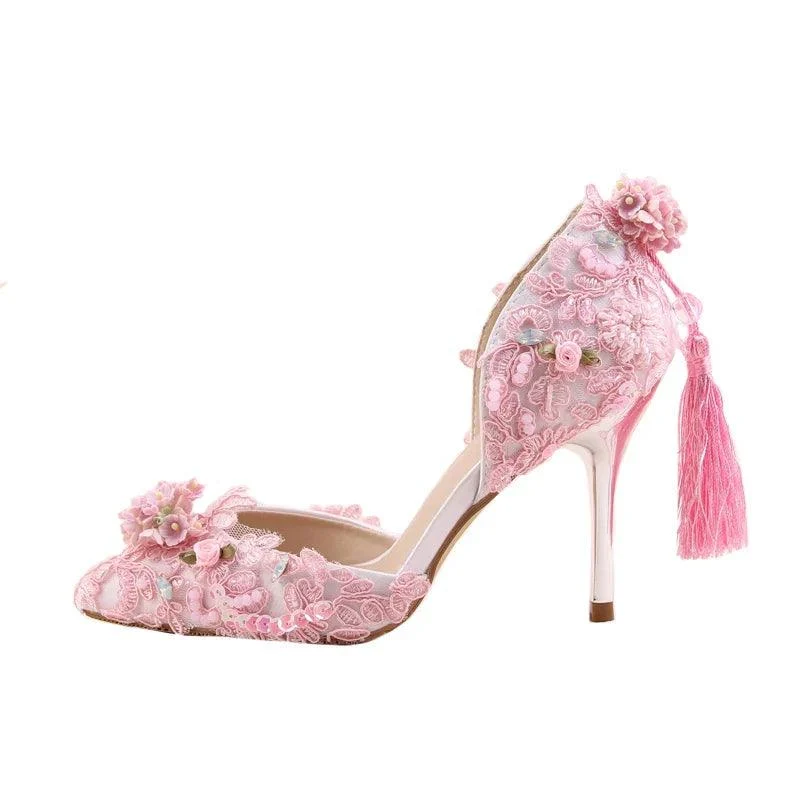 Lace Flower Pointed Toe Slip-on Tassel Stiletto Pumps Shoes - Glova