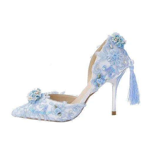 Lace Flower Pointed Toe Slip-on Tassel Stiletto Pumps Shoes - Glova