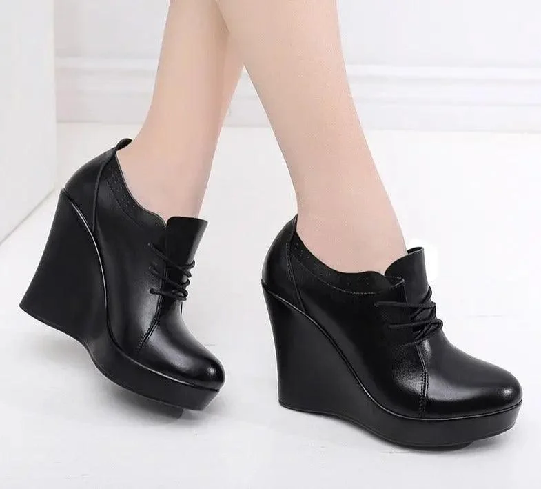 Lace Up Wedges Heel Black Boots - Glova